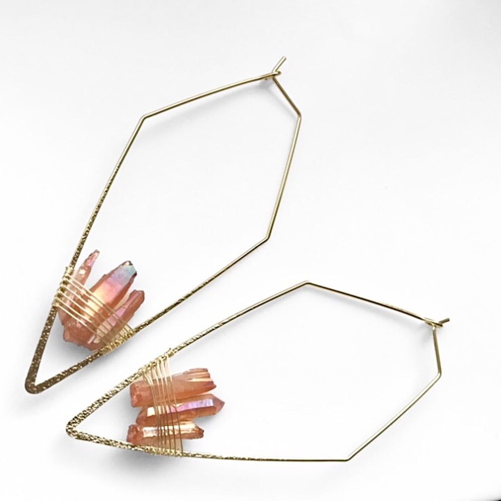 Geometric Quartz Crystal Wired Hoop Boho Earring - Picture 3 of 16